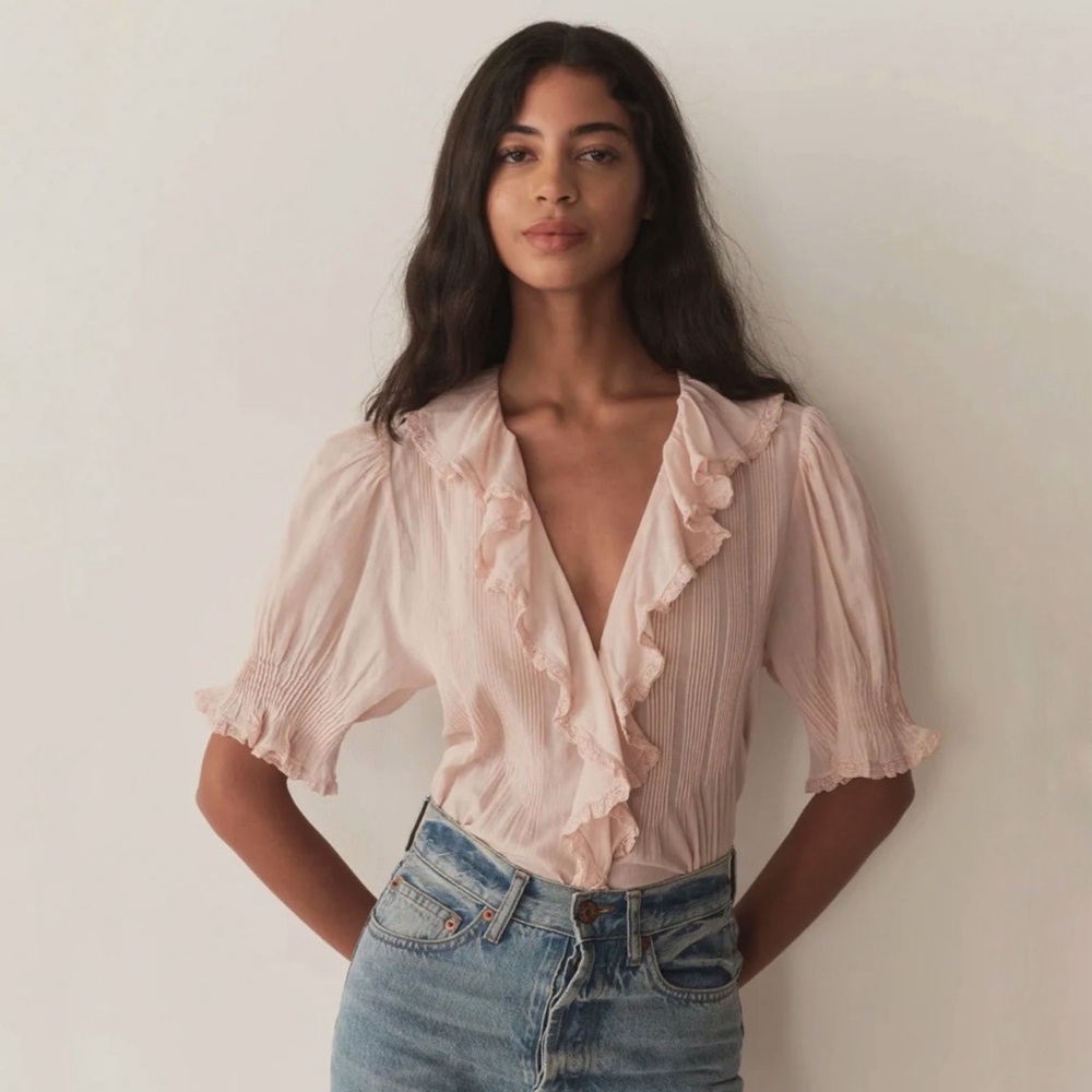 Doen Blush Pink Ruffled V-Neck Blouse